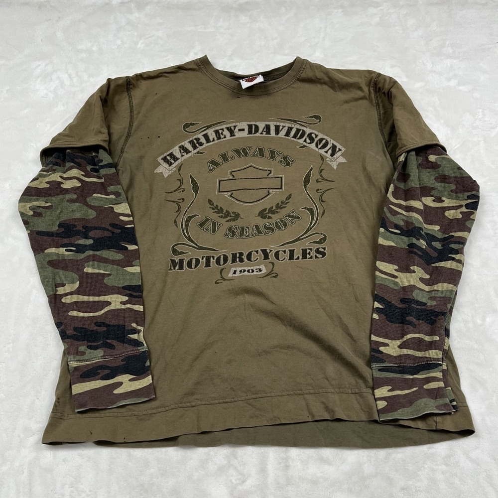 Harley Davidson Graphic Tee Mens XL Brown Camo Layered Long Sleeve Syracuse NY